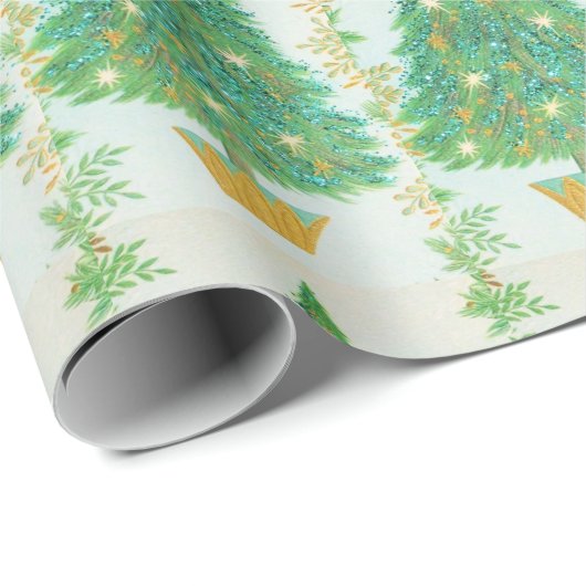 Hübsch Retro Weihnachtsbaum Gold Weiße Sterne Geschenkpapier (Rolleneckpunkt)