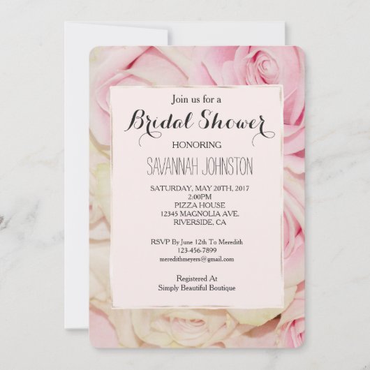 Hübsch Romantische Rosa Creme Rose Brautparty Einladung (Vorderseite)