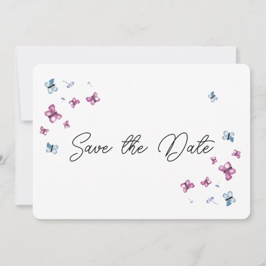 Hübsch rosa blaue Schmetterlingskarte Save the Dat Date (Vorderseite)