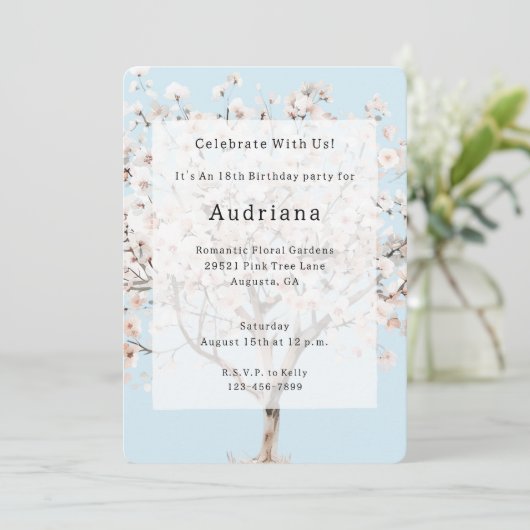 Hübsch rosa blühender Baum Geburtstag Einladung (Stehend Vorderseite)