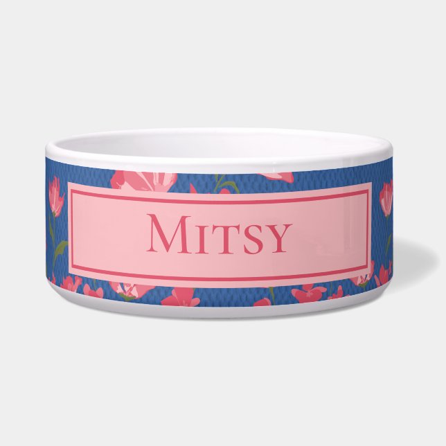 Hübsch rosa Blume auf Blue Pet Bowl Napf (Vorderseite)