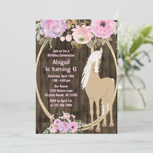 Hübsch Rosa Blume Barnwood Foto Birthday Einladung (Stehend Vorderseite)