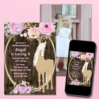 Hübsch Rosa Blume Barnwood Foto Birthday Einladung