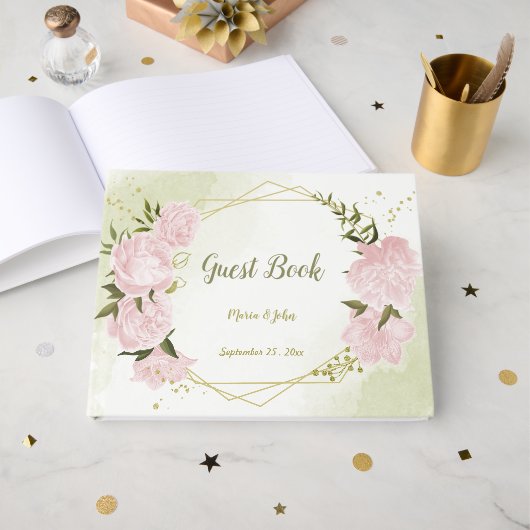 hübsch rosa Blume grün Blätter geometrisch Gästebuch (Vorderseite Offen)