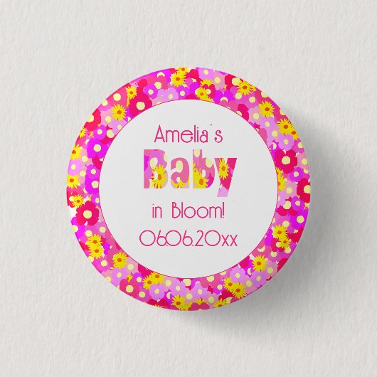 Hübsch rosa Blume Personalisiert Babydusche Button (Vorderseite)