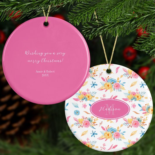 Hübsch rosa Blumenmuster Gruß Weihnachtsbaum Keramik Ornament