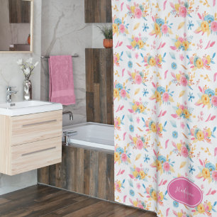 Hübsch rosa Blumenmuster Mit Monogramm Bad Duschvorhang