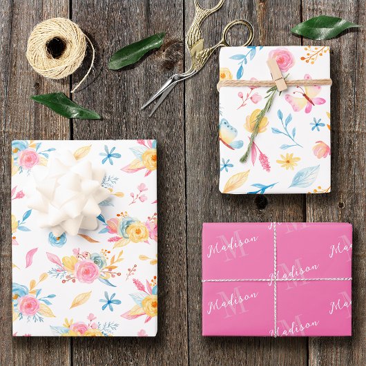 Hübsch rosa Blumenmuster Mit Monogramm Geschenkpapier Set