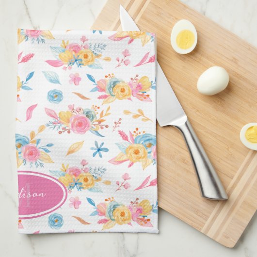 Hübsch rosa Blumenmuster Mit Monogramm Geschirrtuch (Viertel Falte)