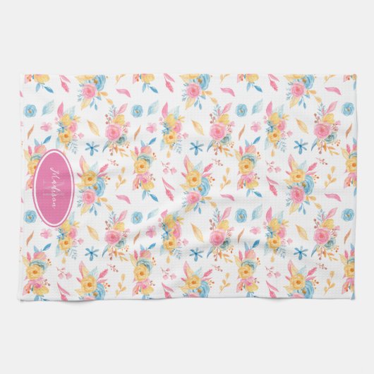 Hübsch rosa Blumenmuster Mit Monogramm Geschirrtuch (Horizontal)