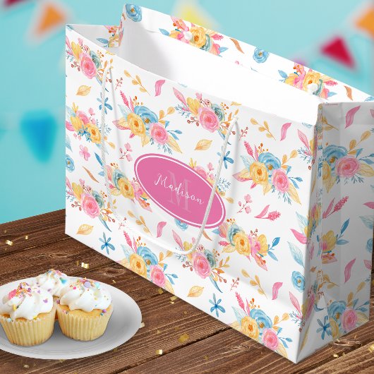 Hübsch rosa Blumenmuster Mit Monogramm Große Geschenktüte