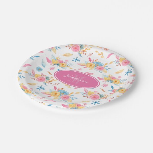 Hübsch rosa Blumenmuster Mit Monogramm Pappteller (Schrägansicht)