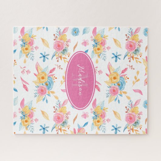Hübsch rosa Blumenmuster Mit Monogramm Puzzle (Horizontal)
