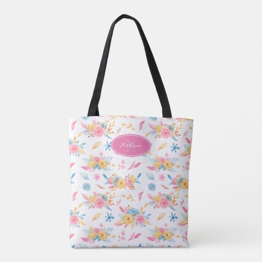 Hübsch rosa Blumenmuster Mit Monogramm Tasche (Rückseite)