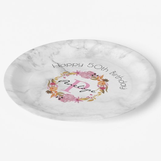 Hübsch rosa Blumenschrift Pappteller (Schrägansicht)