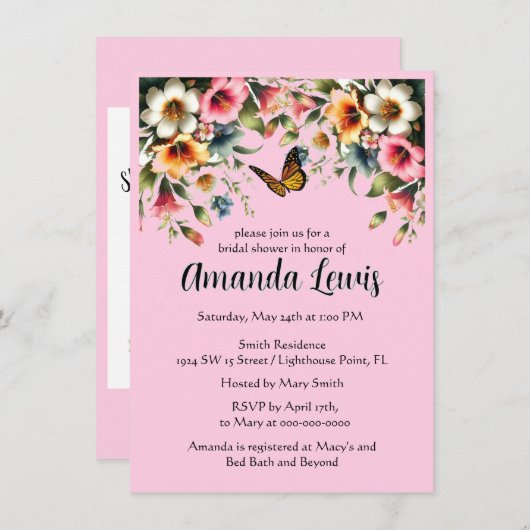 Hübsch rosa Blüte mit Schmetterling-Brautparty Einladung (Vorne/Hinten)