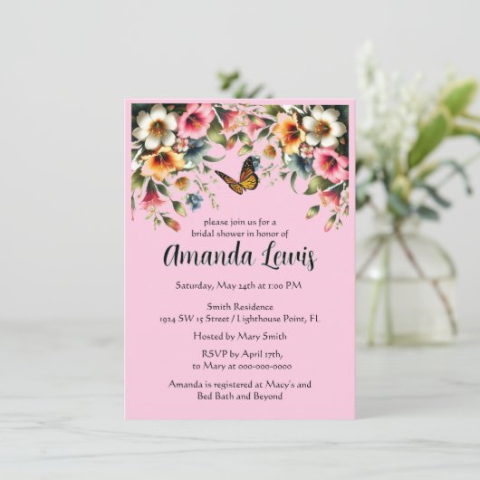 Hübsch rosa Blüte mit Schmetterling-Brautparty Einladung