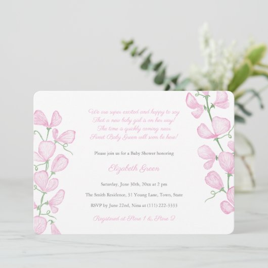 Hübsch rosa Blütendusche für Mädchen Einladung (Stehend Vorderseite)