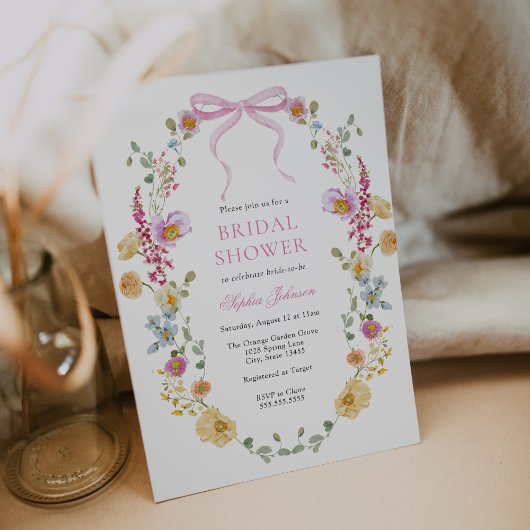 Hübsch-Rosa-Bow-Wildblume-Brautparty Einladung