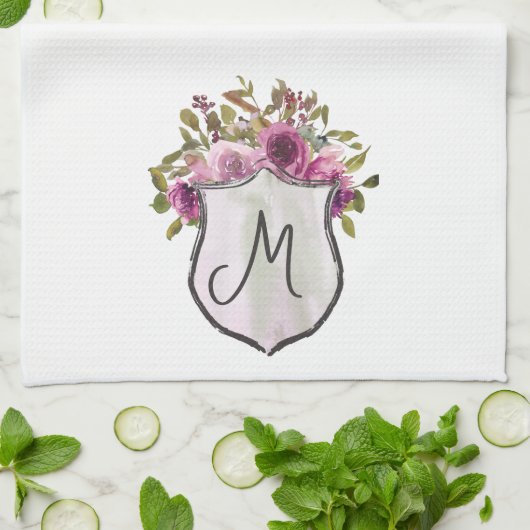 Hübsch rosa Burgundy Amour Floral Monogram Geschirrtuch (Gefaltet)