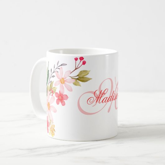 Hübsch rosa Farbe Blütenfarbe Mit Monogramm Kaffeetasse (Vorderseite Links)