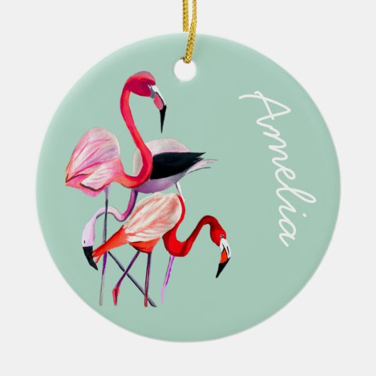 Hübsch rosa Flamingo auf blau Keramik Ornament (Vorne)