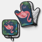 Hübsch rosa Flamingo mit dem Namen Ofenhandschuh & Topflappen-Set (Vorderseite/Rückseite)