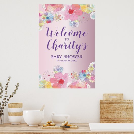 Hübsch-Rosa-Flora-Babydusche Poster (Küche)