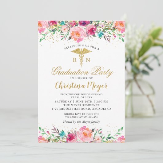 Hübsch-Rosa-Flora-RN-Foto-Abitur Einladung (Stehend Vorderseite)