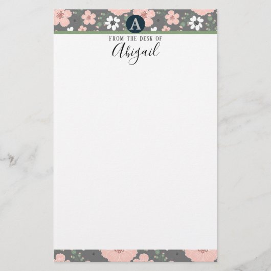 Hübsch-Rosa-Floral-Monogramm-Extravagantes Skript Briefpapier (Vorderseite)