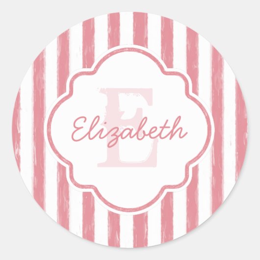 Hübsch rosa gestrichene Streifen Monogramm und Nam Runder Aufkleber (Vorderseite)