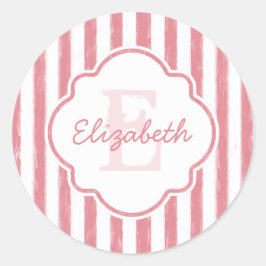 Hübsch rosa gestrichene Streifen Monogramm und Nam Runder Aufkleber