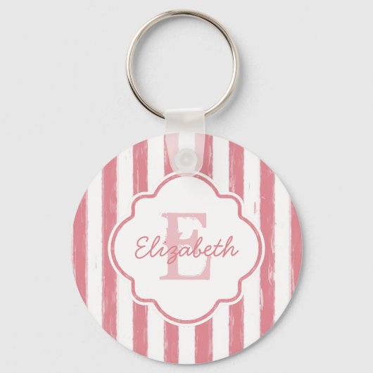 Hübsch rosa gestrichene Streifen Monogramm und Nam Schlüsselanhänger (Vorderseite)