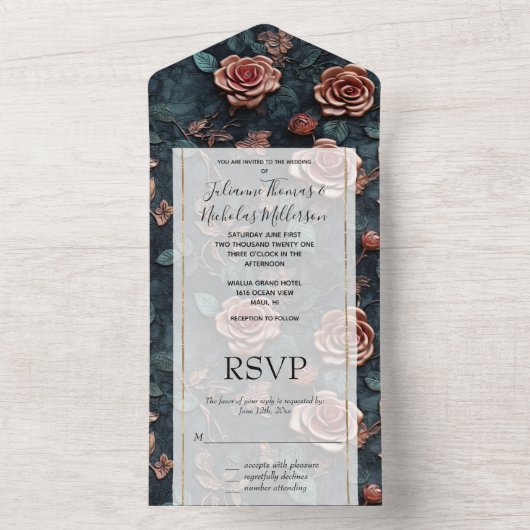 Hübsch-Rosa-Gold-Blue-Rose All In One Einladung (Innen Boden)