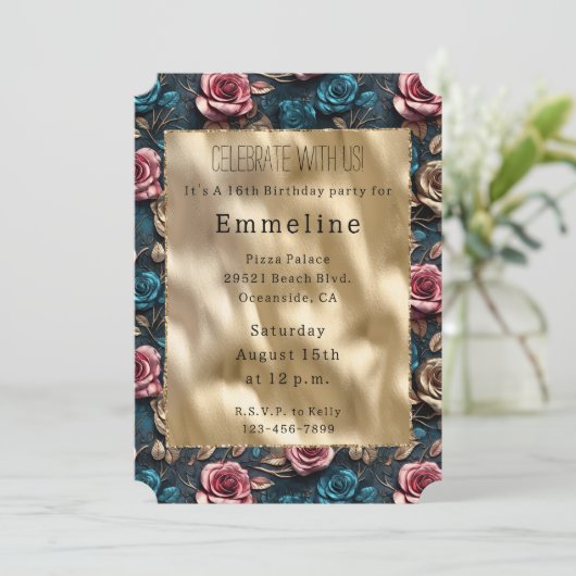 Hübsch-Rosa-Gold-Blue-Rose Einladung (Stehend Vorderseite)