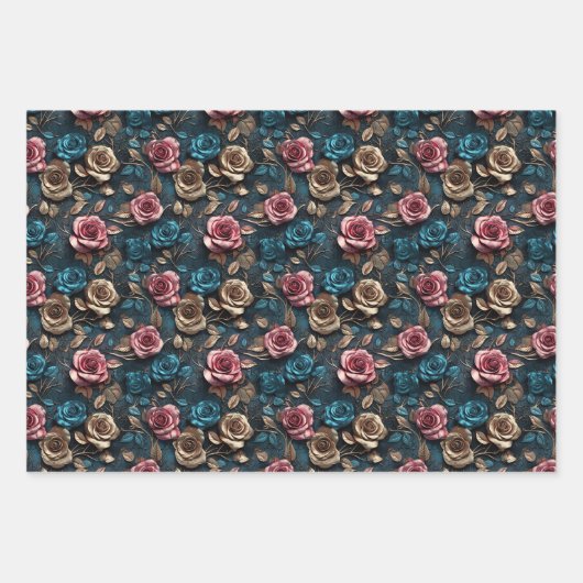 Hübsch-Rosa-Gold-Blue-Rose Geschenkpapier Set (Vorderseite)