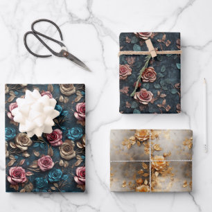 Hübsch-Rosa-Gold-Blue-Rose Geschenkpapier Set