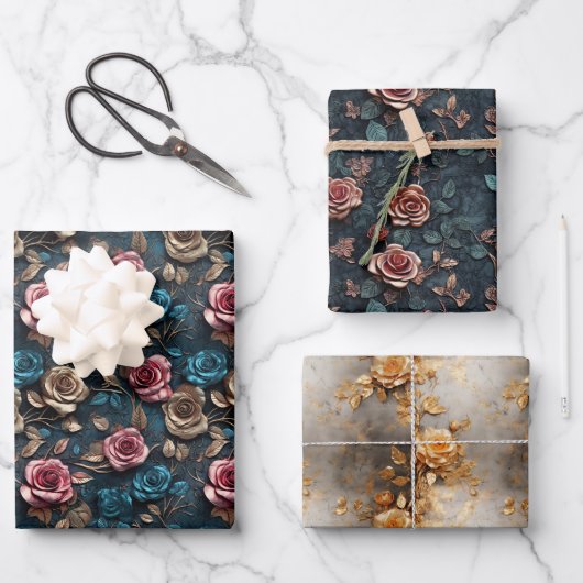 Hübsch-Rosa-Gold-Blue-Rose Geschenkpapier Set (Vorderseite)
