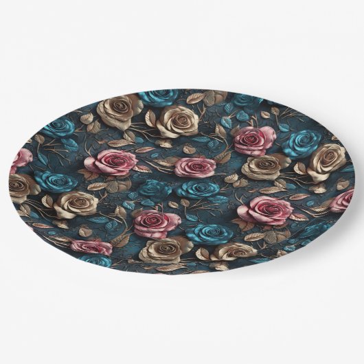Hübsch-Rosa-Gold-Blue-Rose Pappteller (Schrägansicht)