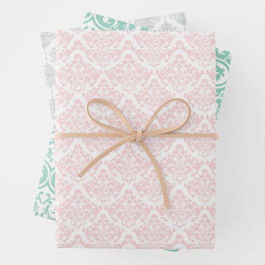 Hübsch rosa graue Girl Damask Print Custom Geschenkpapier Set (Beispiel)