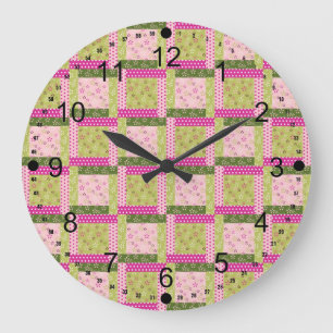 Hübsch rosa, grüne Patchwork-Quadrate Quilmuster Große Wanduhr