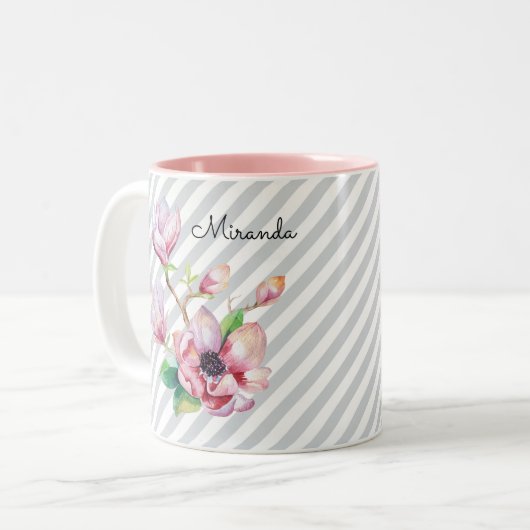Hübsch rosa Magnolia Bläsergraue Streifen und Name Zweifarbige Tasse (Vorderseite Links)