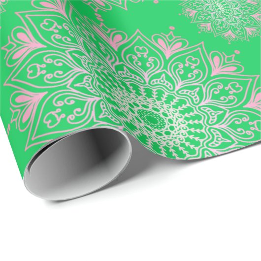 Hübsch rosa Mandala auf grün | Geschenkpapier (Rolleneckpunkt)