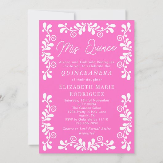Hübsch rosa mexikanische Fiesta Talavera Quinceane Einladung (Vorderseite)