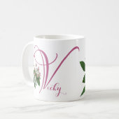 Hübsch rosa Monogramm mit anpassbarem Vicky-Namen Kaffeetasse (Vorderseite Links)