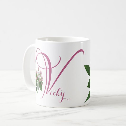 Hübsch rosa Monogramm mit anpassbarem Vicky-Namen Kaffeetasse (Vorderseite Links)