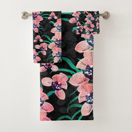 Hübsch rosa Orchidee Blume Paint Black Design Badhandtuch Set (Insitu)