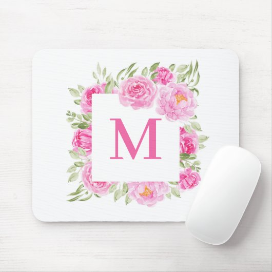 Hübsch-Rosa-Peonsquadrat-Monogramm Mousepad (Mit Mouse)