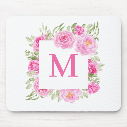 Hübsch-Rosa-Peonsquadrat-Monogramm Mousepad (Vorne)