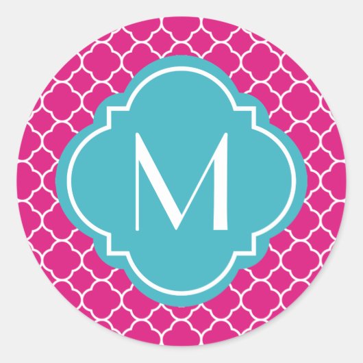 Hübsch rosa Quatrefolienmuster mit Monogramm Runder Aufkleber (Vorderseite)